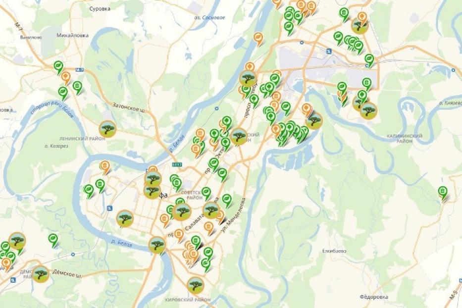 На экологической карте Уфы размещен перечень адресов по посадке деревьев