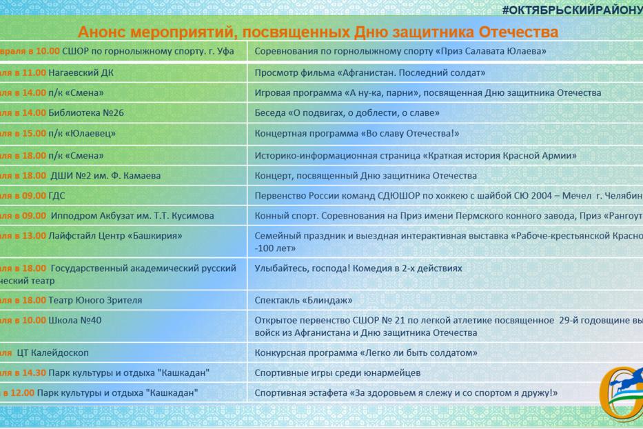 В Октябрьском районе пройдут мероприятия, посвященные Дню защитника Отечества 